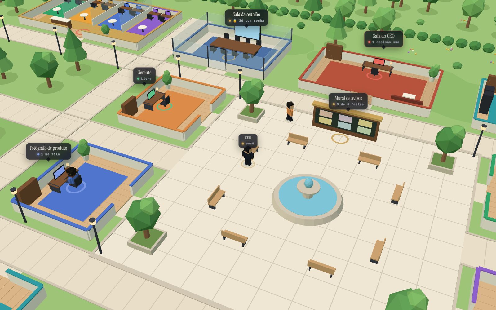 Vista do escritório 3D: praça com fonte, Sala do CEO, sala de reunião e salas dos agentes ao redor